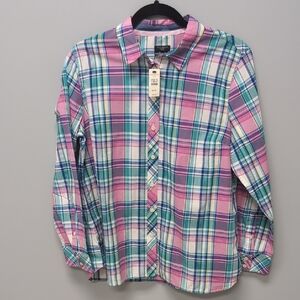 NWT Talbots Petite Size Large Pink, Green and Blue Plaid Button Down Shirt.